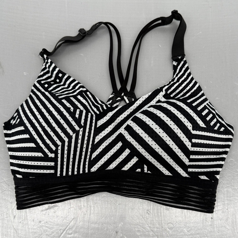 Victoria Sport Womens 34D Sports Bra Black White‎ Geometric Stripe Strappy Mesh
